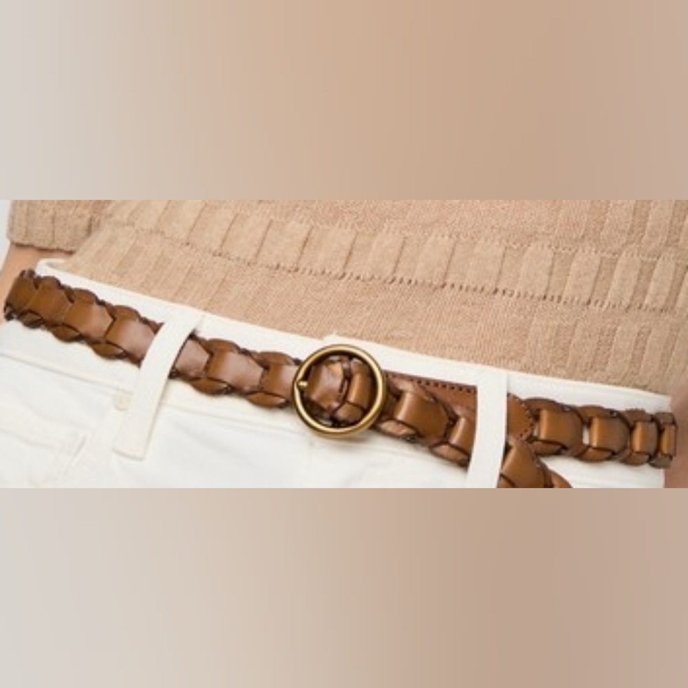 PAIGE Braided Brown Leather Belt with Gold Buckle